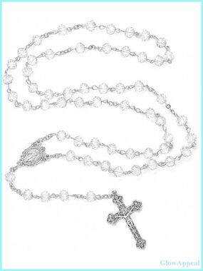 Clear Crystal Rosary Necklace Catholic Prayer Beads with Metal Cross 22.5in